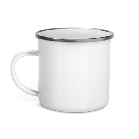 White 12 oz enamel camping mug with silver rim and original black human icon with a red, orange and yellow flame head printed once on the front – ZIPZAPPA