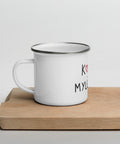 Kavos Mylėtojas white 12 oz enamel mug with silver rim, black Lithuanian Coffee Lover lettering and red hearts – view 7
