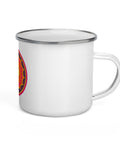 White 12 oz enamel mug with a silver rim and a pink, purple and golden-orange Om mandala on the front; right-side view.
