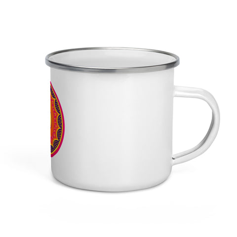 White 12 oz enamel mug with a silver rim and a pink, purple and golden-orange Om mandala on the front; right-side view.