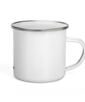 White 12 oz enamel mug with a silver rim and original Find Yourself black figure and red map-pin artwork – ZIPZAPPA