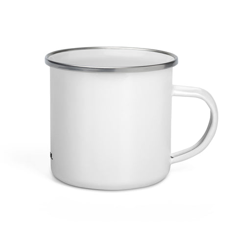 White 12 oz enamel mug with a silver rim and original Find Yourself black figure and red map-pin artwork – ZIPZAPPA