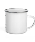 White 12 oz enamel camping mug with a silver rim and original black-and-white warrior carrying a cross, printed once at the front – ZIPZAPPA