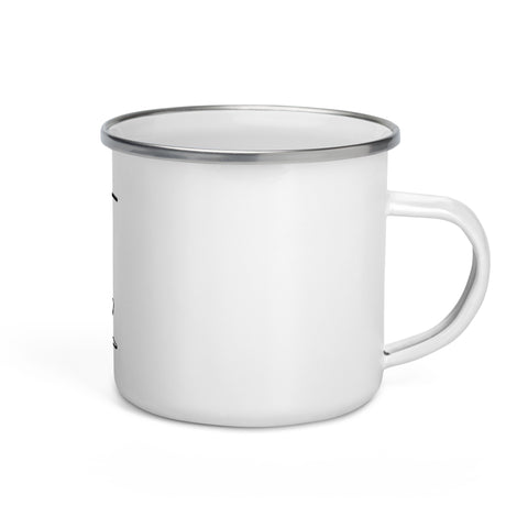 White 12 oz enamel camping mug with a silver rim and original black-and-white warrior carrying a cross, printed once at the front – ZIPZAPPA