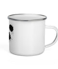 White 12 oz enamel camping mug with a silver rim and original black ink-splatter panda face centred on the front – ZIPZAPPA