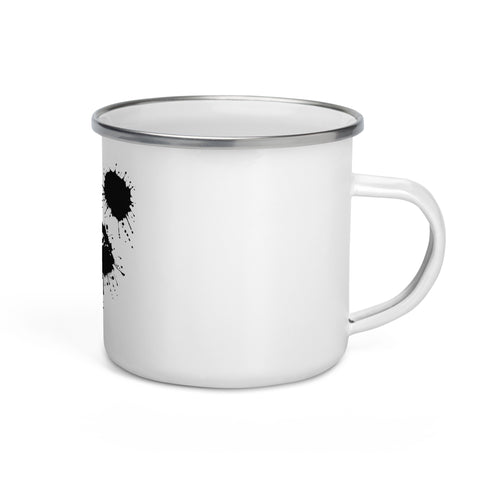 White 12 oz enamel camping mug with a silver rim and original black ink-splatter panda face centred on the front – ZIPZAPPA