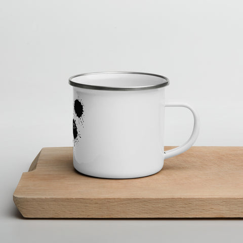 White 12 oz enamel camping mug with a silver rim and original black ink-splatter panda face centred on the front – ZIPZAPPA