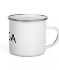 White 12 oz enamel camping mug with a silver rim and black Yoga wordmark with a seated meditation figure in the O, printed once on the front – ZIPZAPPA