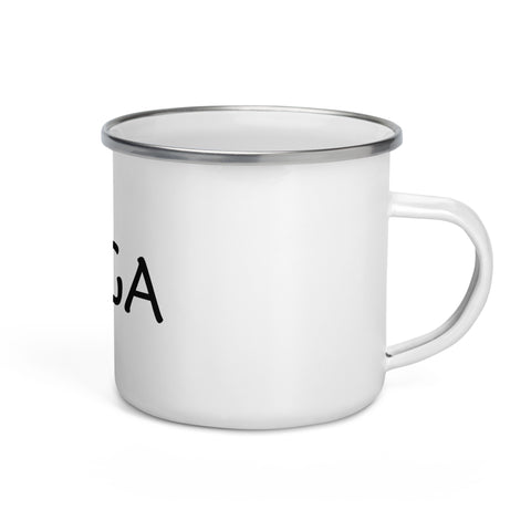 White 12 oz enamel camping mug with a silver rim and black Yoga wordmark with a seated meditation figure in the O, printed once on the front – ZIPZAPPA