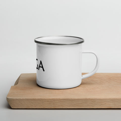 White 12 oz enamel camping mug with a silver rim and black Yoga wordmark with a seated meditation figure in the O, printed once on the front – ZIPZAPPA