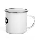 White 12 oz enamel camping mug with a silver rim and original black GOD Find Him lettering with a red location pin, printed once on the front – ZIPZAPPA