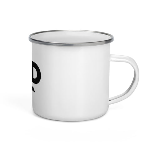 White 12 oz enamel camping mug with a silver rim and original black GOD Find Him lettering with a red location pin, printed once on the front – ZIPZAPPA