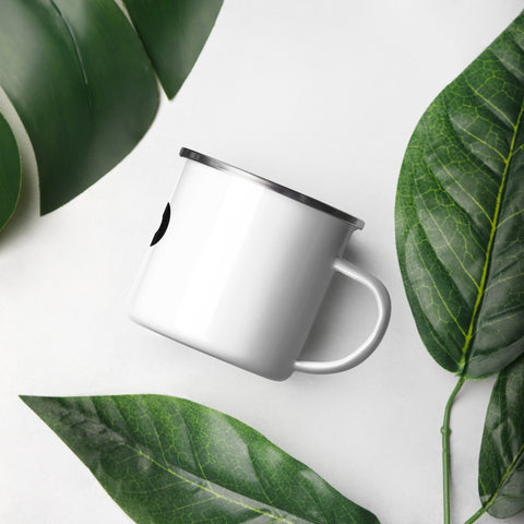 White 12 oz enamel camping mug with a silver rim and original black GOD Find Him lettering with a red location pin, printed once on the front – ZIPZAPPA