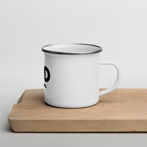 White 12 oz enamel camping mug with a silver rim and original black GOD Find Him lettering with a red location pin, printed once on the front – ZIPZAPPA