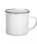 White 12 oz enamel camping mug with silver rim and original black human icon with a red, orange and yellow flame head printed once on the front – ZIPZAPPA