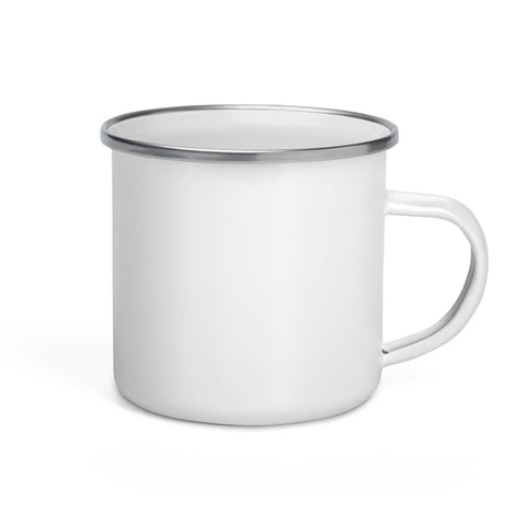 White 12 oz enamel camping mug with silver rim and original black human icon with a red, orange and yellow flame head printed once on the front – ZIPZAPPA