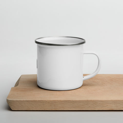 White 12 oz enamel camping mug with silver rim and original black human icon with a red, orange and yellow flame head printed once on the front – ZIPZAPPA