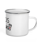 Kavos Mylėtojas white 12 oz enamel mug with silver rim, black Lithuanian Coffee Lover lettering and red hearts – view 3