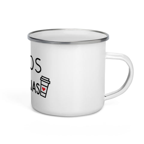 Kavos Mylėtojas white 12 oz enamel mug with silver rim, black Lithuanian Coffee Lover lettering and red hearts – view 3