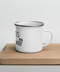 Kavos Mylėtojas white 12 oz enamel mug with silver rim, black Lithuanian Coffee Lover lettering and red hearts – view 6