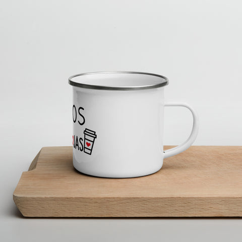 Kavos Mylėtojas white 12 oz enamel mug with silver rim, black Lithuanian Coffee Lover lettering and red hearts – view 6