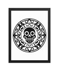 Full circular black Geometric Skull design on a vertical white matte poster in a black frame