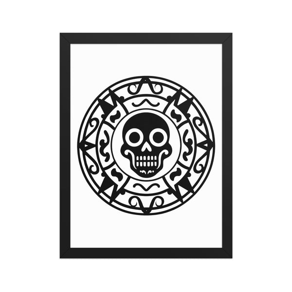 Full circular black Geometric Skull design on a vertical white matte poster in a black frame