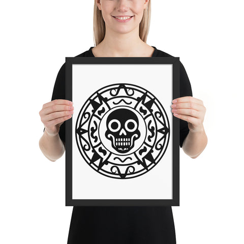 Person holding a vertical 30 × 40 cm Geometric Skull poster in a black frame