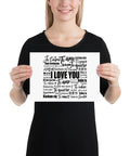 Love in Every Language multilingual typography on white 21 × 30 cm matte art poster – person holding the poster – ZIPZAPPA