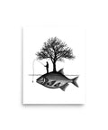 Angler’s Island 8 by 10 inch matte poster with a black-and-white angler and tree on a giant fish, on white paper