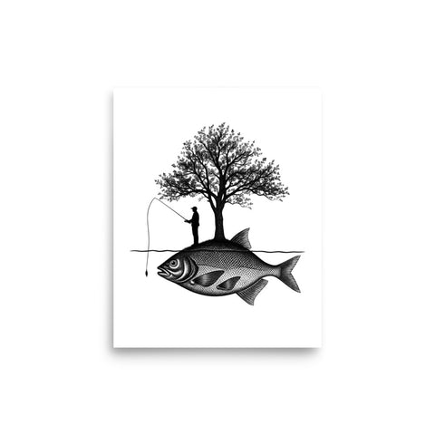 Angler’s Island 8 by 10 inch matte poster with a black-and-white angler and tree on a giant fish, on white paper