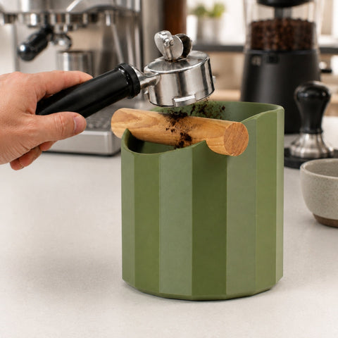 The Facet Geometric Espresso Knock Box with Oak Knock Bar