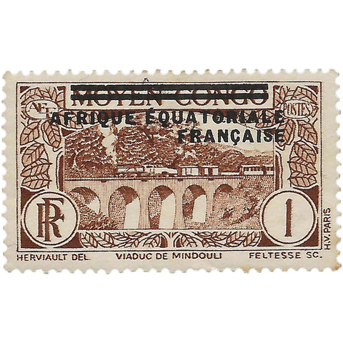 French Equatorial Africa Stamp 1936 1 French centime Viaduc de Mindouli - Viaduct Mindouli Overprinted
