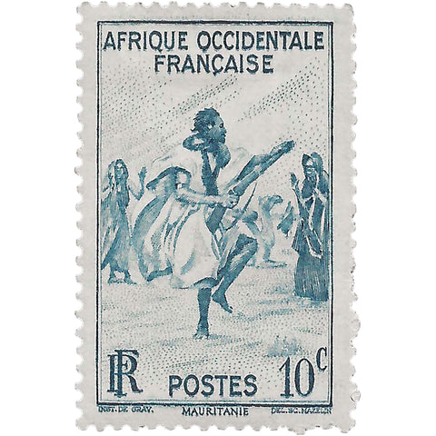 French West Africa Stamp 1947 10 French African CFA centime Rifle Dance, Mauritania