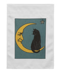 Moonlit Cat 12 × 17 inch white garden flag with complete teal illustration of a black cat sitting on a golden crescent moon – view 1