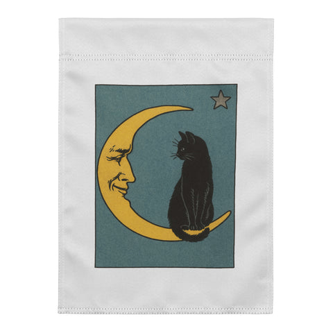 Moonlit Cat 12 × 17 inch white garden flag with complete teal illustration of a black cat sitting on a golden crescent moon – view 1