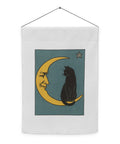 Moonlit Cat 12 × 17 inch white garden flag with complete teal illustration of a black cat sitting on a golden crescent moon – view 2