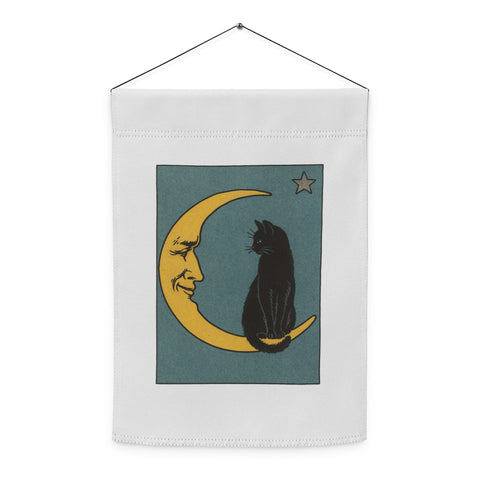 Moonlit Cat 12 × 17 inch white garden flag with complete teal illustration of a black cat sitting on a golden crescent moon – view 2
