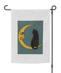 Moonlit Cat 12 × 17 inch white garden flag with complete teal illustration of a black cat sitting on a golden crescent moon – view 3