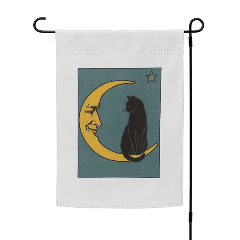 Moonlit Cat 12 × 17 inch white garden flag with complete teal illustration of a black cat sitting on a golden crescent moon – view 3