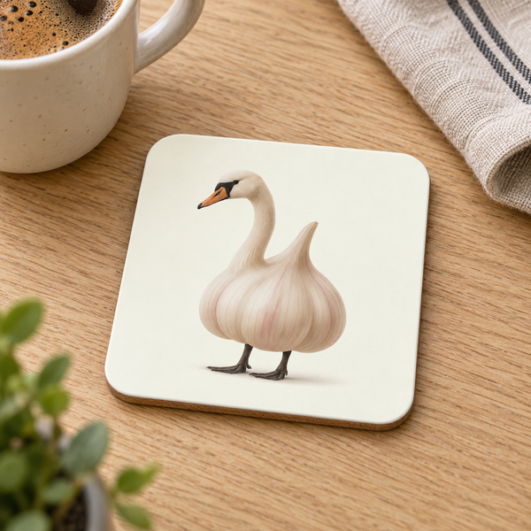 Glossy cream cork-back coaster with a surreal garlic swan illustration, on an oak table beside coffee and linen.