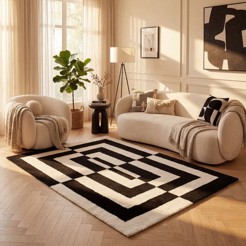 Joli tapis géométrique noir et blanc