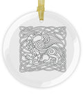 Round glass ornament with complete Celtic griffin knotwork design and gold hanging ribbon