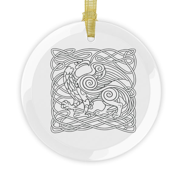 Round glass ornament with complete Celtic griffin knotwork design and gold hanging ribbon