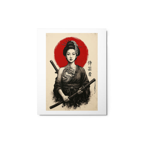 Samurai Geisha 8 × 10 inch glossy metal print with warrior portrait, dragon detail and red sun – view 1