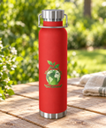 Red Go Green Earth 650 ml insulated water bottle with a steel lid and carry handle on a wooden garden table, showing one complete leafy globe front print.