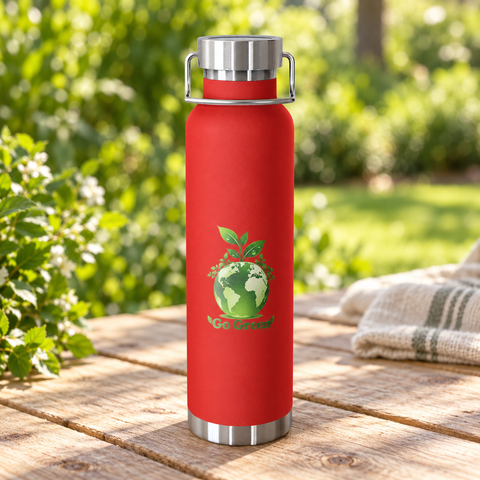 Red Go Green Earth 650 ml insulated water bottle with a steel lid and carry handle on a wooden garden table, showing one complete leafy globe front print.