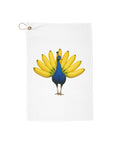 Banana Peacock microfiber golf towel, blue peacock with yellow banana tail centred on white, 16 by 24 inches – view 1
