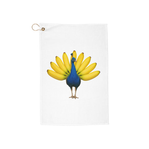 Banana Peacock microfiber golf towel, blue peacock with yellow banana tail centred on white, 16 by 24 inches – view 1