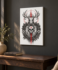 Gothic Forest Totem 12 by 18 inch thin canvas displayed on a charcoal wall above a wooden console in a sunlit reading nook